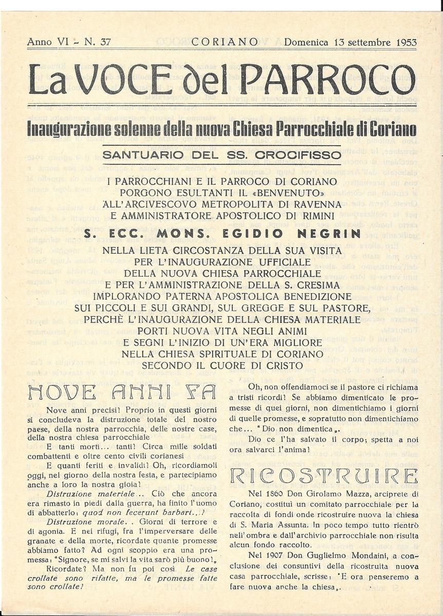 Prima pagina del giornalino parrocchiale "La voce del parroco" che annuncia l'inaugurazione della nuova chiesa (13/09/1953)